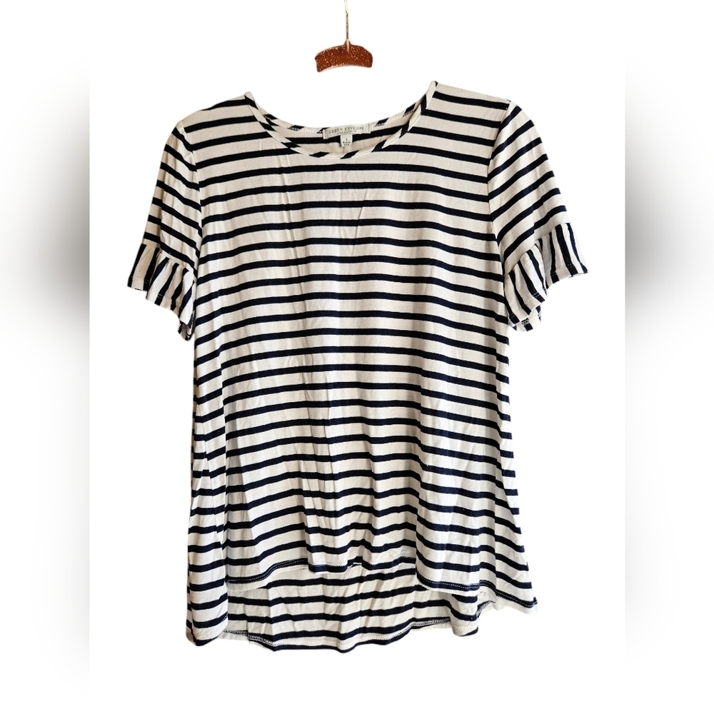 Woman's Navy blue and White Striped Ruffle sleeves High-low Blouse